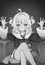  1girl absolute_cinema_(meme) ahoge artist_name blunt_bangs blush closed_mouth crossed_legs doktahzaki eyelashes fins fish_tail gawr_gura gawr_gura_(1st_costume) gradient_background grey_background greyscale hair_ornament hands_up hashtag-only_commentary highres hololive hololive_english hood hood_down hoodie light_smile long_hoodie long_sleeves looking_at_viewer medium_hair meme messy_hair monochrome on_chair shark_girl shark_hair_ornament shark_tail signature sitting smile solo spread_fingers tail two_side_up virtual_youtuber 