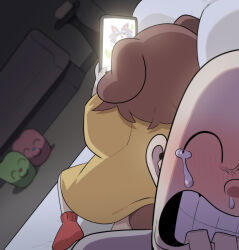  1girl absurdres animal_ears blush brown_hair clenched_teeth cocomayo29_(tomato) commentary_request crying dog_ears dog_girl dog_tail dutch_angle from_behind highres holding holding_phone hololive indoors inugami_korone inugami_korone_(1st_costume) jacket korean_commentary listener_(inugami_korone) lying miofa_(ookami_mio) nose_blush on_bed phone photo-referenced red_socks socks tail teeth virtual_youtuber yellow_jacket 