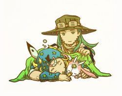  1other 2boys beanie blanket blonde_hair blue_hat commentary commentary_request cowboy_hat goggles goggles_on_headwear green_blanket green_eyes green_hair green_hat gyro_zeppeli hashibi_rokou hat holding holding_blanket johnny_joestar jojo_no_kimyou_na_bouken long_hair male_focus multiple_boys sleeping stand_(jojo) star_(symbol) star_print steel_ball_run tusk_(stand) tusk_act1 white_background wristband 