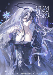  1girl absurdres black_dress black_hair breasts closed_mouth dress gepinaibao hair_between_eyes halo hand_up highres jewelry long_hair long_sleeves looking_at_viewer medium_breasts original puffy_sleeves see_through sensitive solo veil 