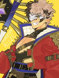  1boy absurdres axe belt black_shirt brown_hair character_name chest_belt cleavage_cutout closed_eyes clothing_cutout coat cracked_mask crimzon_ruze ear_piercing earrings eye_mask grin high_collar highres hip_vent holostars holostars_english jewelry light_blush male_focus mask multicolored_hair multiple_belts pectoral_cleavage pectorals piercing pointy_ears polka_dot polka_dot_background red_coat robotcowboys shirt smile solo two-tone_hair upper_body virtual_youtuber weapon yellow_background 