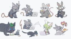  1girl 2boys 3others ^_^ animal_ears bag black_cat black_fear_(mad_rat_dead) black_jacket black_pants blue_eyes buck_teeth cat cheese closed_eyes coffee coffee_mug collared_shirt commentary_request computer cup folded_ponytail food gloves green_hair grey_fur half-closed_eyes head_rest heart_(mad_rat_dead) holding holding_plate jacket ketchup ketchup_bottle laptop light_blush mad_rat_(mad_rat_dead) mad_rat_dead mob_rat_(mad_rat_dead) mouse_boy mouse_ears mouse_girl mouse_tail mug multiple_boys multiple_others omelet omurice one-eyed pants plate ponytail rat_god_(mad_rat_dead) salaryman shirt sidelocks sitting sleeping stray_rat_(mad_rat_dead) swiss_cheese tail tearing_up teeth tongue tongue_out uneven_eyes white_background white_fur white_shirt yurano_(upao) 