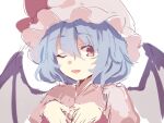  1girl ;d bangs bat_wings blue_hair collared_shirt eyebrows_visible_through_hair fang hair_between_eyes hat hat_ribbon looking_at_viewer mob_cap one_eye_closed open_mouth paragasu_(parags112) pink_shirt red_eyes red_ribbon remilia_scarlet ribbon shirt short_hair simple_background smile solo touhou upper_body wavy_hair white_background wings 