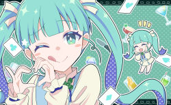  1girl absurdres aqua_eyes aqua_hair card chibi closed_mouth full_body hatsune_miku heart heart_hands highres long_hair looking_at_viewer multiple_views one_eye_closed open_mouth pantyhose playing_card puffy_sleeves shirt skirt smile solo tatyaoekaki twintails upper_body vocaloid white_pantyhose white_shirt white_skirt 