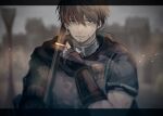  1boy bangs brown_eyes brown_hair cape commentary_request facial_hair fate/grand_order fate_(series) gloves goatee hector_(fate) highres holding light_particles long_hair looking_at_viewer male_focus open_mouth polearm ponytail short_hair smile smoke smoke_trail solo tumikilondon5 upper_body weapon 