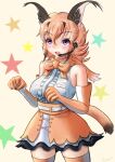  1girl animal_costume animal_ears blue_eyes bow bowtie caracal_(kemono_friends) caracal_ears dhm25_rolls elbow_gloves gloves highres kemono_friends kemono_friends_v_project long_hair looking_at_viewer microphone open_mouth orange_hair shirt skirt sleeveless sleeveless_shirt solo tail virtual_youtuber white_shirt 