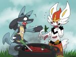  awesomegoats cinderace cooking curry food highres lucario no_humans non-web_source outdoors pokemon pokemon_(creature) pokemon_(game) pokemon_swsh 