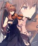  1girl alternate_costume artist_name black_dress bow_(music) breasts brown_eyes brown_hair dated dress eyebrows_visible_through_hair hair_between_eyes hair_intakes headgear highres himeyamato holding instrument kantai_collection large_breasts long_hair music playing_instrument smile very_long_hair violin yamato_(kancolle) zoom_layer 