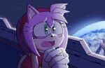  1girl amy_rose artist_name chronocrump diadem dress earth_(planet) green_eyes highres holding_hands looking_to_the_side open_mouth pink_fur planet ship sky sleeveless solo sonic_(series) space spiky_hair star_(sky) starry_sky tongue twitter_username watercraft 