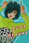  1girl 2021 animal_print aqua_background arms_up bangs black_hair chainsaw_man cow_print cropped_jacket earrings eyepatch finger_horns fuyukonbu green_sweater highres himeno_(chainsaw_man) horns jewelry long_sleeves looking_at_viewer open_mouth outline short_hair simple_background small_horns solo sweater white_horns 