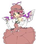  1girl animal_ears bird_ears bird_wings blush brown_dress brown_headwear dress earrings eyebrows_visible_through_hair fingernails frilled_sleeves frills green_nails ini_(inunabe00) jewelry juliet_sleeves long_fingernails long_sleeves mystia_lorelei nail_polish open_mouth pink_hair puffy_sleeves sharp_fingernails short_hair simple_background single_earring smile solo touhou white_background white_wings wide_sleeves winged_hat wings yellow_eyes 