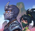  1boy 1girl akali armor bangs bare_shoulders black_hair blue_eyes covered_collarbone from_side green_hairband hairband league_of_legends long_hair looking_at_another mask mountain mouth_mask orange_eyes outdoors phantom_ix_row ponytail portrait shen_(league_of_legends) shiny shiny_hair 