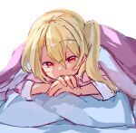  1girl blonde_hair blush eyebrows_visible_through_hair flandre_scarlet hair_between_eyes looking_at_viewer lying no_hat no_headwear on_stomach one_side_up open_mouth pajamas paragasu_(parags112) pillow pink_blanket pink_pajamas red_eyes short_hair simple_background solo touhou under_covers white_background 