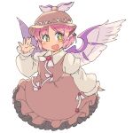  1girl animal_ears bird_ears bird_wings blush brown_dress brown_headwear brown_nails dress earrings eyebrows_visible_through_hair fingernails ini_(inunabe00) jewelry juliet_sleeves long_fingernails long_sleeves mystia_lorelei nail_polish open_mouth pink_hair puffy_sleeves sharp_fingernails short_hair simple_background single_earring smile solo touhou white_background white_wings winged_hat wings yellow_eyes 