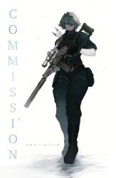  1girl artist_name black_gloves black_jacket black_pants black_shoes blonde_hair closed_mouth commentary commission dot_mouth fingerless_gloves girls'_frontline_2:_exilium girls_frontline gloves gun hairband highres holding holding_gun holding_weapon holster jacket looking_at_viewer nikketa_(girls'_frontline_2) pants rifle russian_commentary scope shoes short_hair simple_background sleeves_rolled_up sniper_rifle solo stalker_(game) suppressor thigh_holster trigger_discipline umariellum vsk-94 vsk-94_(girls'_frontline) weapon white_background 