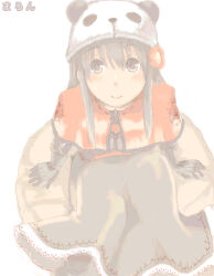  1girl blush brown_capelet capelet commentary_request dress floral_print flower full_body gloves grey_dress grey_eyes grey_gloves grey_hair hair_flower hair_ornament long_hair looking_at_viewer lowres panda_hat pink_flower ragnarok_online rose_print simple_background sitting smile solo swordsman_(ragnarok_online) waya_(takaomi777) white_background 