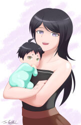  1boy 1girl absurdres ahoge alternate_costume alternate_hair_length alternate_hairstyle baby bare_shoulders black_dress black_hair brown_skirt collarbone commentary commission danganronpa:_trigger_happy_havoc danganronpa_(series) dress english_commentary freckles green_eyes highres holding holding_baby if_they_mated ikusaba_mukuro long_hair looking_at_viewer mother_and_son neolink077 open_mouth shirt signature skirt sleeveless smile strapless strapless_dress tube_dress violet_eyes 