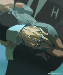  1boy black_jacket chain close-up emmmerald hand_focus highres holding_baby hunter_x_hunter jacket jewelry kurapika necktie out_of_frame ring shirt suit_jacket watermark weibo_username weibo_watermark white_shirt 