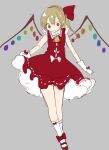  1girl ascot bangs blonde_hair bow closed_mouth collared_dress dress flandre_scarlet footwear_bow full_body gloves grey_background hair_between_eyes hair_ribbon looking_down mary_janes no_hat no_headwear one_side_up paragasu_(parags112) red_bow red_dress red_eyes red_footwear red_ribbon ribbon ribbon-trimmed_dress shiny shiny_hair shoes short_hair simple_background sleeveless sleeveless_dress smile socks solo standing touhou white_gloves white_legwear wings yellow_ascot 