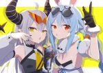  2girls ahoge animal_ears bare_shoulders black_gloves black_horns blue_hair bunny-shaped_eyewear bunny-shaped_pupils collarbone covered_collarbone demon_horns eyebrows_visible_through_hair eyes_visible_through_hair eyewear_on_head fingernails fur-trimmed_gloves fur_trim gloves gotyou grey_hair hair_between_eyes heart heart-shaped_eyewear holding holding_microphone hololive holox horns la+_darknesss light_blue_hair long_fingernails long_hair looking_at_viewer microphone multicolored_hair multiple_girls o-ring open_mouth orange-tinted_eyewear orange_eyes pointy_ears purple_hair rabbit_ears shiny shiny_skin sleeves_past_wrists slit_pupils streaked_hair striped_horns sunglasses symbol-shaped_pupils tinted_eyewear tongue triangle_mouth twintails upper_body usada_pekora virtual_youtuber white_hair yellow_eyes 
