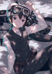  1girl androgynous antenna_hair arm_support arm_up belt_buckle belt_pouch black_eyes black_hair black_pants black_vest buckle cover_image dappled_sunlight dengeki_bunko dress_shirt fur_hat gakuen_kino goggles goggles_on_headwear ground_vehicle hat head_tilt hermes_(kino_no_tabi) highres kino_(kino_no_tabi) kino_no_tabi kuroboshi_kouhaku long_sleeves motor_vehicle motorcycle novel_illustration official_art on_ground pants parted_lips pouch reverse_trap second-party_source shirt short_hair sitting solo sunlight textless_version ushanka vest white_shirt 