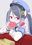  1girl antenna_hair armband bag blue_archive blue_headwear blue_necktie bow doughnut eating eyebrows_visible_through_hair flat_color food food_on_face fubuki_(blue_archive) gotyou grey_background grey_hair hair_between_eyes hair_bow hair_ornament hat heart heart_hair_ornament holding holding_food leaning leaning_forward long_hair multicolored_hair necktie paper_bag red_eyes simple_background sketch sleeves_past_wrists solo streaked_hair tongue tongue_out twintails white_bow 
