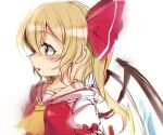  1girl :o ascot bangs blonde_hair blush collared_shirt crystal eyebrows_visible_through_hair flandre_scarlet frilled_sleeves frills from_side hair_between_eyes hair_ribbon medium_hair no_hat no_headwear one_side_up open_mouth paragasu_(parags112) profile puffy_short_sleeves puffy_sleeves red_eyes red_ribbon red_vest ribbon shirt short_sleeves side_ponytail simple_background solo touhou upper_body vest white_background white_shirt wings yellow_ascot 