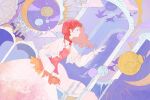  1girl abstract bird blue_eyes braid candle cirrika closed_mouth clouds crescent dress dutch_angle fire flame frills highres long_hair mirror original profile purple_sky redhead reflection solo sparkle star_(symbol) window 