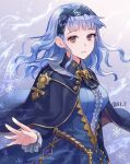  1girl blue_cape blue_dress blue_hair blue_hairband breasts brown_eyes cape center_frills commentary_request dress eyebrows_visible_through_hair fire_emblem fire_emblem:_three_houses fire_emblem_warriors:_three_hopes floating_hair frills hairband lace_hairband long_hair long_sleeves looking_at_viewer marianne_von_edmund medium_breasts snowflakes solo twitter_username wavy_hair yamigo 