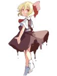 1girl bangs black_skirt black_vest blonde_hair collared_shirt darkness expressionless from_side full_body hair_ribbon long_sleeves looking_at_viewer looking_to_the_side necktie no_shoes paragasu_(parags112) red_eyes red_necktie red_ribbon ribbon rumia shirt short_hair simple_background skirt skirt_set socks solo touhou vest white_background white_legwear white_shirt 