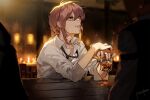 1girl alcohol artist_name bangs bar black_necktie braid braided_ponytail brown_hair chainsaw_man chair cup drinking_glass elbow_rest elbows_on_table holding holding_cup ice ice_cube indoors long_hair looking_up makima_(chainsaw_man) necktie parted_lips pekopeco people shirt sidelocks signature single_braid sitting smile solo_focus table upper_body white_shirt yellow_eyes 