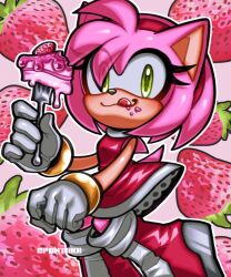  1girl :3 amy_rose animal_ears animal_nose boots bracelet cake commentary dress english_commentary eyelashes food fork fruit furry furry_female gloves gold_bracelet green_eyes hedgehog_girl highres holding holding_fork jewelry licking_lips pink_fur pink_hair pontiikii red_boots red_dress short_tail solo sonic_(series) strawberry tail tongue tongue_out white_gloves 