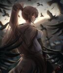  1girl ahoge back bird blurry blurry_background brown_capelet brown_cloak brown_corset brown_hair cape capelet cloak corset crow dagger depth_of_field feather_hair_ornament feathers flock hair_ornament hairclip highres hololive hololive_english horizon knife long_hair looking_at_viewer looking_back multicolored_hair nanashi_mumei pleated_skirt ponytail red_eyes red_skirt shirt skirt streaked_hair sunrise suoniko very_long_hair virtual_youtuber weapon white_shirt 