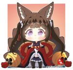  1girl :&gt; amagi-chan_(azur_lane) animal_ears azur_lane bangs bell black_legwear blunt_bangs blush brown_hair chibi commentary_request eyebrows_visible_through_hair eyeshadow fox_ears fox_girl fox_tail full_body hair_ornament hitodama kyuubi long_hair long_sleeves looking_at_viewer makeup multiple_tails off-shoulder_kimono pantyhose rope shimenawa sidelocks signature simple_background sleeves_past_wrists smile solo standing tail taisa_(kari) thick_eyebrows twintails twitter_username two-tone_background violet_eyes 