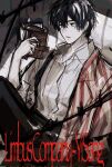  1boy black_eyes black_hair book character_name chokchok_eye closed_mouth highres indoors jacket jacket_on_shoulders knee_up limbus_company open_book pants project_moon shirt sitting striped striped_jacket suspenders white_shirt yi-sang_(limbus_company) 