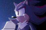  1boy artist_name black_fur chronocrump close-up frown highres looking_to_the_side male_focus multicolored_fur night night_sky pointy_ears red_eyes red_fur sad shadow_the_hedgehog sky solo sonic_the_hedgehog star_(sky) tears topless_male twitter_username white_fur 