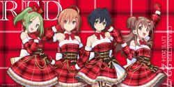  2024 22/7 4girls :d ahoge arm_behind_back arm_up black_garter_straps black_hair bow bow_hairband bowtie brown_corset brown_eyes brown_hair christmas closed_mouth copyright_name copyright_notice corset cowboy_shot detached_sleeves dress fanged_bangs fur-trimmed_sleeves fur_trim garter_straps gloves green_eyes green_hair group_name hair_between_eyes hair_bow hair_ornament hairband hairclip half_updo hand_on_own_chest high_ponytail highres himuro_mizuki kiryu_touko long_hair looking_at_viewer multicolored_hair multiple_girls official_art open_mouth orange_hair outstretched_arm parted_bangs parted_lips pink_hair plaid_background plaid_clothes plaid_dress plaid_sleeves ponytail red_background red_bow red_bowtie red_dress red_gloves red_sleeves sera_honoka short_hair sleeveless sleeveless_dress smile standing streaked_hair takigawa_miu teeth two-tone_bow two-tone_hair two-tone_hairband two_side_up upper_teeth_only violet_eyes white_bow 