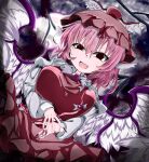  1girl animal_ears ashigaruk bird_ears bird_wings blush breasts brown_dress brown_headwear dress fang fingernails hair_between_eyes highres juliet_sleeves large_breasts long_fingernails long_sleeves mystia_lorelei nail_polish open_mouth pink_hair puffy_sleeves purple_nails red_eyes sharp_fingernails short_hair smile solo touhou white_wings winged_hat wings 