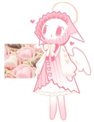  1girl angel angel_wings bomal1215 buttons colored_skin full_body gradient_skin halo heart_button looking_to_the_side open_mouth original personification pink_theme solo white_skin white_wings wings 