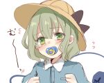  1girl bangs black_bow blue_shirt blush bow buttons clenched_hands collared_shirt crying crying_with_eyes_open eyeball eyebrows_visible_through_hair green_eyes green_hair hair_between_eyes hat hat_bow kindergarten_uniform komeiji_koishi looking_at_viewer medium_hair pacifier paragasu_(parags112) shirt simple_background solo tearing_up tears third_eye touhou upper_body wavy_hair white_background yellow_headwear 