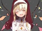  1girl blonde_hair chisiro_unya_(unya_draw) closed_eyes crystal fang flandre_scarlet habit head_tilt heart light_particles nail_polish nun own_hands_together praying red_headwear simple_background smile solo touhou upper_body wings wrist_cuffs 