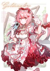  1girl :o absurdres arknights arm_up artist_name bow camera character_name commentary copyright_name dress food frilled_bow frills fruit gloves goldenglow_(arknights) goldenglow_(party_in_the_garden)_(arknights) hair_bow hair_ornament heart heart_hair_ornament highres holding holding_camera holding_food holding_fruit long_hair looking_at_viewer official_alternate_costume pink_hair pink_tail plaid_bow red_bow red_dress shirix short_sleeves signature standing strawberry symbol-only_commentary tail tail_bow tail_ornament white_dress white_gloves 