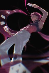  1boy arm_up aura black_background blurry blurry_foreground card fingernails grey_eyes highres hisoka_morow holding holding_card hunter_x_hunter looking_back pants pink_hair pink_nails pink_wrist_cuffs playing_card sberrymacchiato sharp_fingernails shirt short_hair sleeveless sleeveless_shirt smile solo teardrop_facial_mark tongue tongue_out turtleneck white_pants wrist_cuffs wristband 