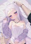  1girl 1other armband bed blush cat_ears from_above half-closed_eyes hands head_pat jacket looking_at_viewer lying_on_person nail necklace original original_character patting_head purple_eyes ring stomach sunlight sweat t-shirt very_long_hair white_hair 