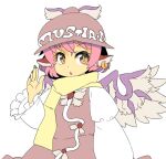  1girl animal_ears bird_ears bird_wings brown_dress brown_headwear dress earrings eyebrows_visible_through_hair fingernails frilled_sleeves frills green_nails ini_(inunabe00) jewelry long_fingernails long_sleeves mystia_lorelei nail_polish parted_lips pink_hair scarf sharp_fingernails short_hair simple_background single_earring solo touhou upper_body white_background white_wings wide_sleeves winged_hat wings yellow_eyes yellow_scarf 