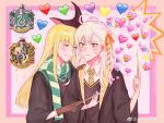  2girls anger_vein bangs black_headwear blonde_hair blush brown_gloves commentary_request eyebrows_visible_through_hair fate_(series) gloves green_scarf hair_ribbon harry_potter_(series) hat heart holding holding_wand hufflepuff lord_el-melloi_ii_case_files multiple_girls necktie olga_marie_animusphere orange_eyes orange_ribbon pink_background reines_el-melloi_archisorte ribbon scarf shiny shiny_hair slytherin smile striped striped_background striped_necktie striped_scarf tanxi_mei_piqi upper_body wand white_background white_hair witch_hat yellow_necktie 