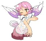  1girl animal_ears bird_ears bird_wings blush collared_shirt eyebrows_visible_through_hair fingernails ini_(inunabe00) mystia_lorelei one_eye_closed parted_lips pink_hair sharp_fingernails shirt short_hair short_sleeves simple_background solo touhou white_background white_shirt white_wings wings yellow_eyes 