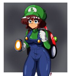 1girl 90s blue_eyes brown_hair flashlight genderswap genderswap_(mtf) gloves green_hat green_shirt luigi luigi's_mansion nintendo overalls poltergust_5000 retro retro_artstyle super_mario_bros. white_gloves