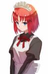  1girl apron bangs blue_eyes closed_mouth eyebrows_visible_through_hair highres hisui_(tsukihime) juliet_sleeves konakuso long_sleeves looking_at_viewer maid maid_headdress pink_hair puffy_sleeves short_hair simple_background solo tsukihime upper_body v_arms white_apron white_background 