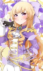  1girl ascot battle_girl_high_school black_gloves blonde_hair blush bow clark_grimms commission eyelashes flower gloves hair_bow jacket long_hair looking_at_viewer pants purple_flower purple_jacket purple_rose rose sendouin_kaede skeb_commission solo very_long_hair violet_eyes white_ascot white_pants 